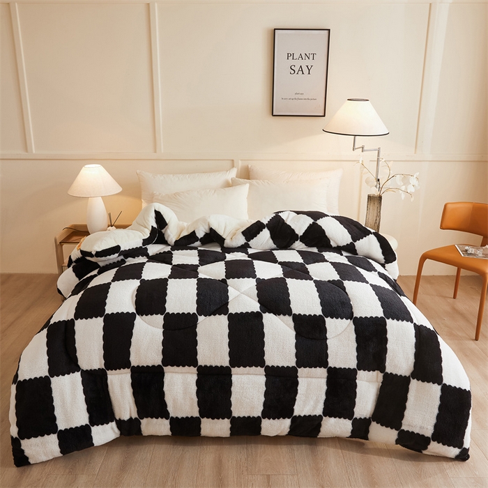 91家纺网 家纺一手货源 找家纺 爱屋及屋 2025新款北极绒双面绒牛奶绒棋盘格冬被被子被芯 棋盘-黑白格