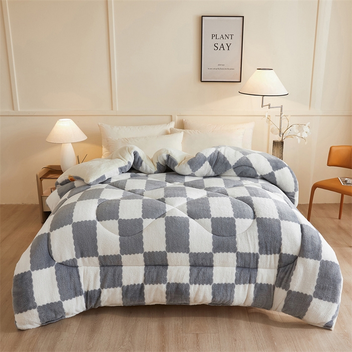 91家纺网 家纺一手货源 找家纺 爱屋及屋 2025新款北极绒双面绒牛奶绒棋盘格冬被被子被芯 棋盘-灰白格