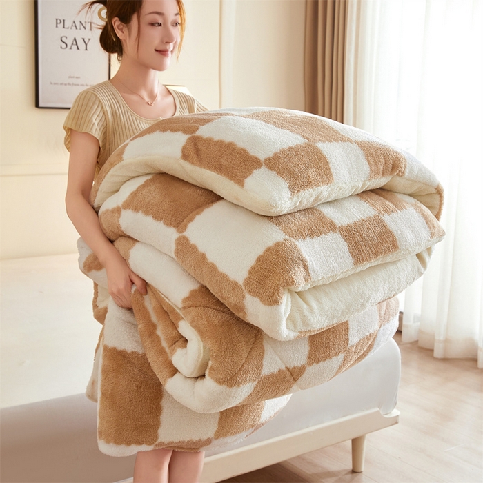 91家纺网 家纺一手货源 找家纺 爱屋及屋 2025新款北极绒双面绒牛奶绒棋盘格冬被被子被芯 棋盘-咖白格