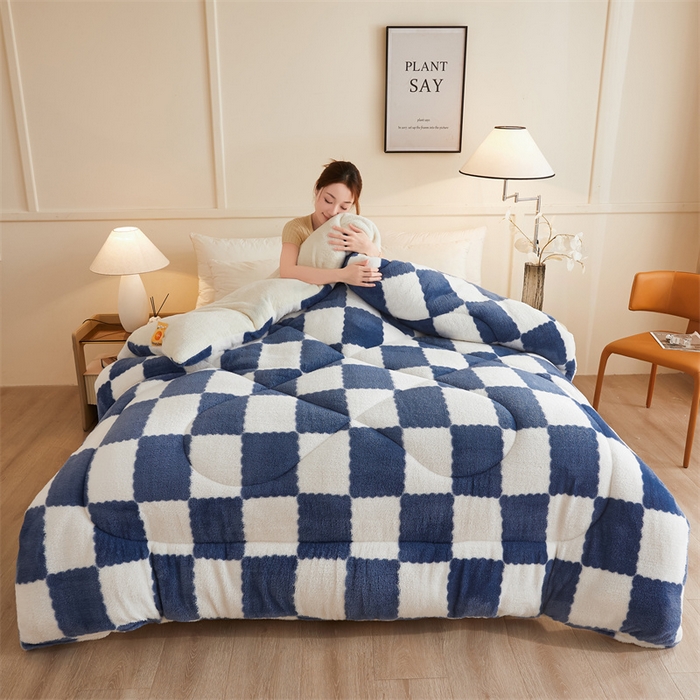 91家纺网 家纺一手货源 找家纺 爱屋及屋 2025新款北极绒双面绒牛奶绒棋盘格冬被被子被芯 棋盘-蓝白格