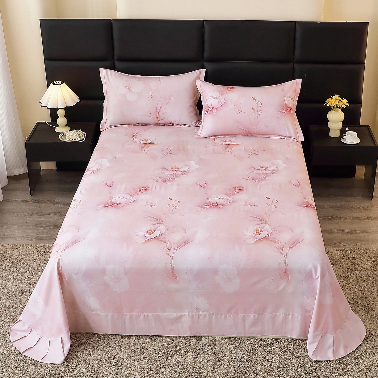 91家纺网 家纺一手货源 找家纺 馨雅家纺 2025新款全棉磨毛数码印花单品床单 禧棠-粉