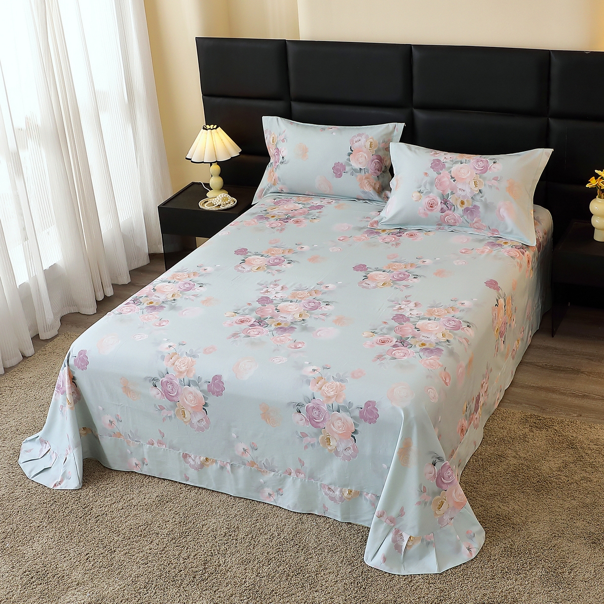 91家纺网 家纺一手货源 找家纺 馨雅家纺 2025新款全棉磨毛数码印花单品床单 花落莉亚-绿