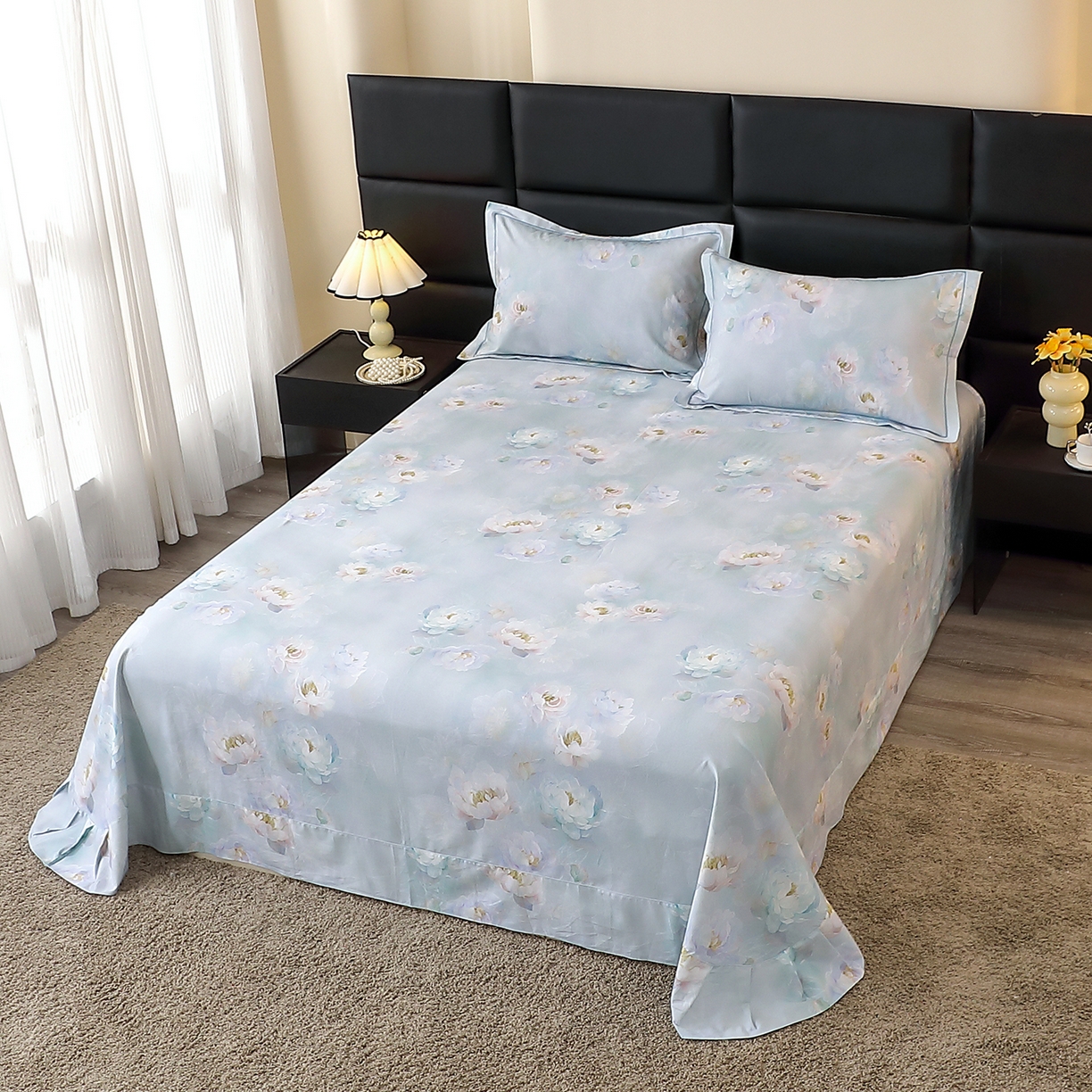 91家纺网 家纺一手货源 找家纺 馨雅家纺 2025新款全棉磨毛数码印花单品床单 花香满泾-绿