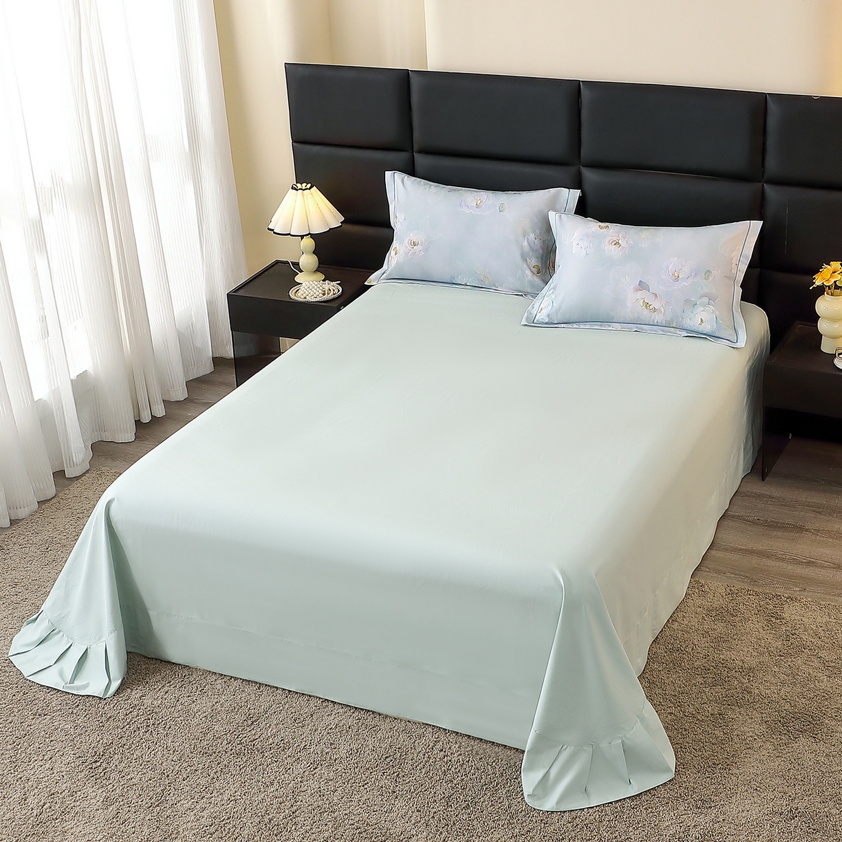 91家纺网 家纺一手货源 找家纺 馨雅家纺 2025新款全棉磨毛数码印花单品床单 花香满泾-绿