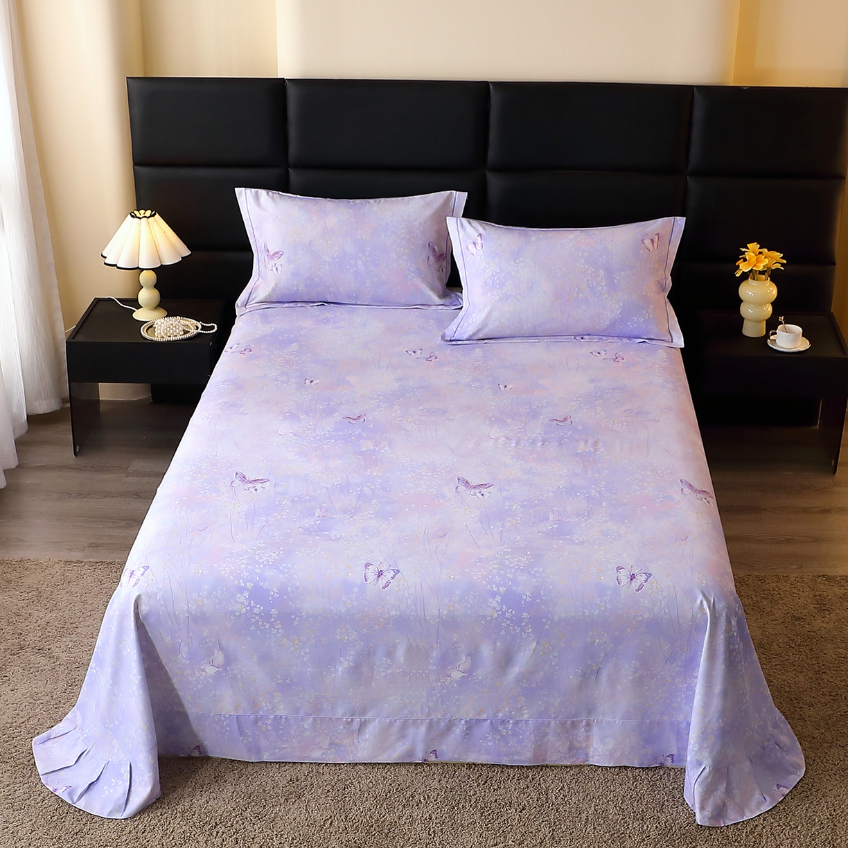 馨雅家纺 2025新款全棉磨毛数码印花单品床单 迷蝶香-紫