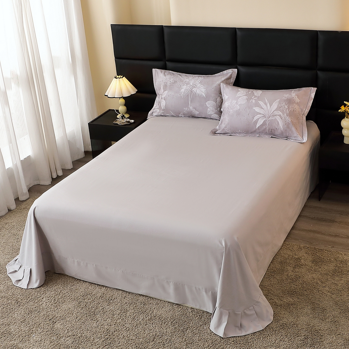 91家纺网 家纺一手货源 找家纺 馨雅家纺 2025新款全棉磨毛数码印花单品床单 晴岛晚风-灰