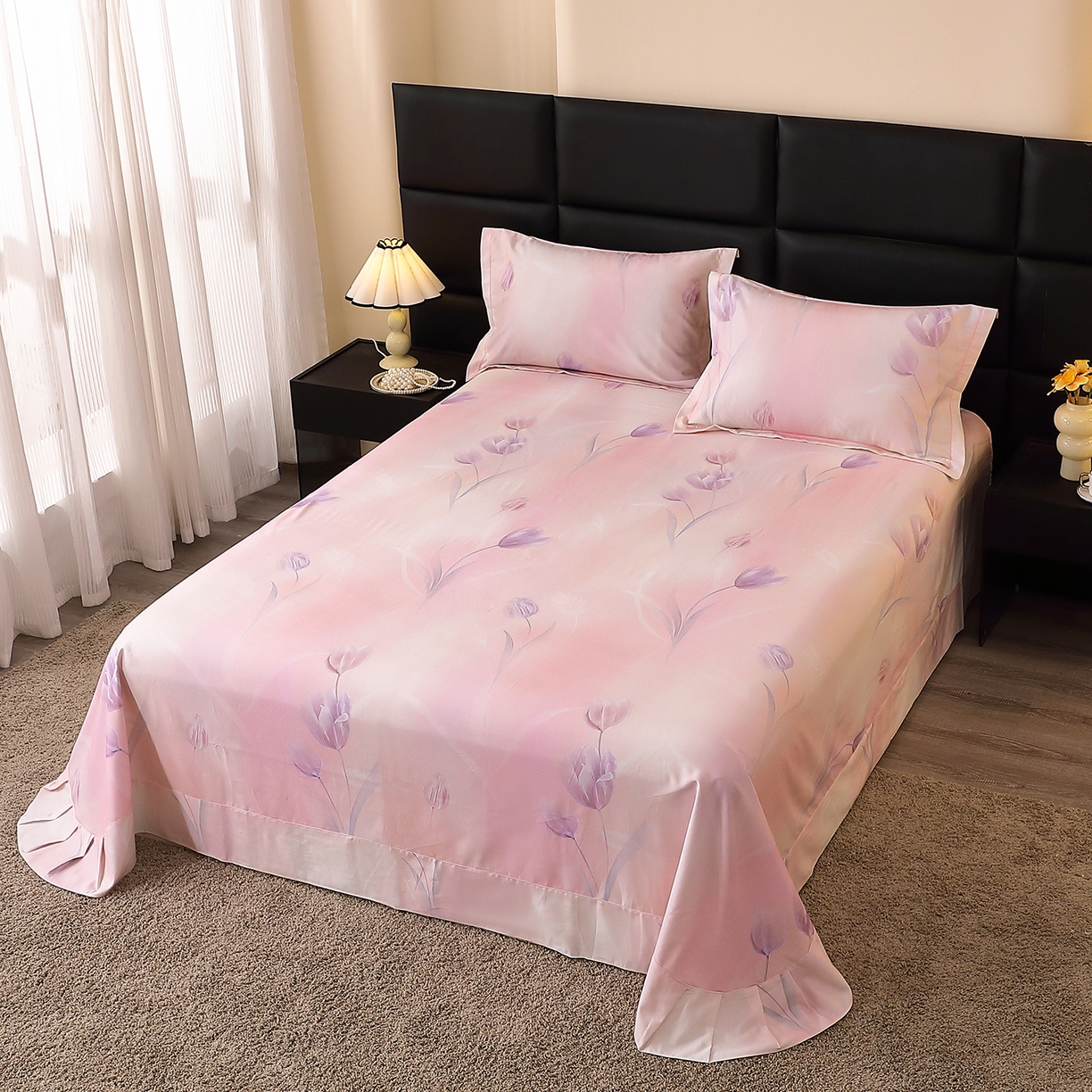 91家纺网 家纺一手货源 找家纺 馨雅家纺 2025新款全棉磨毛数码印花单品床单 一隅花町-粉