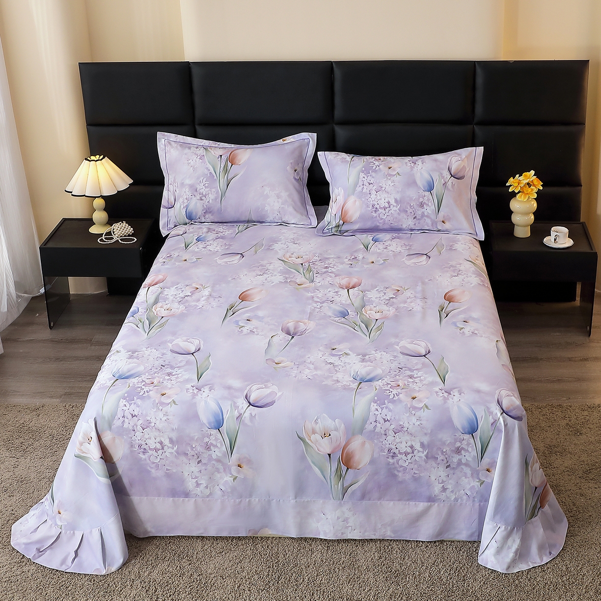 馨雅家纺 2025新款全棉磨毛数码印花单品床单 郁花町-紫