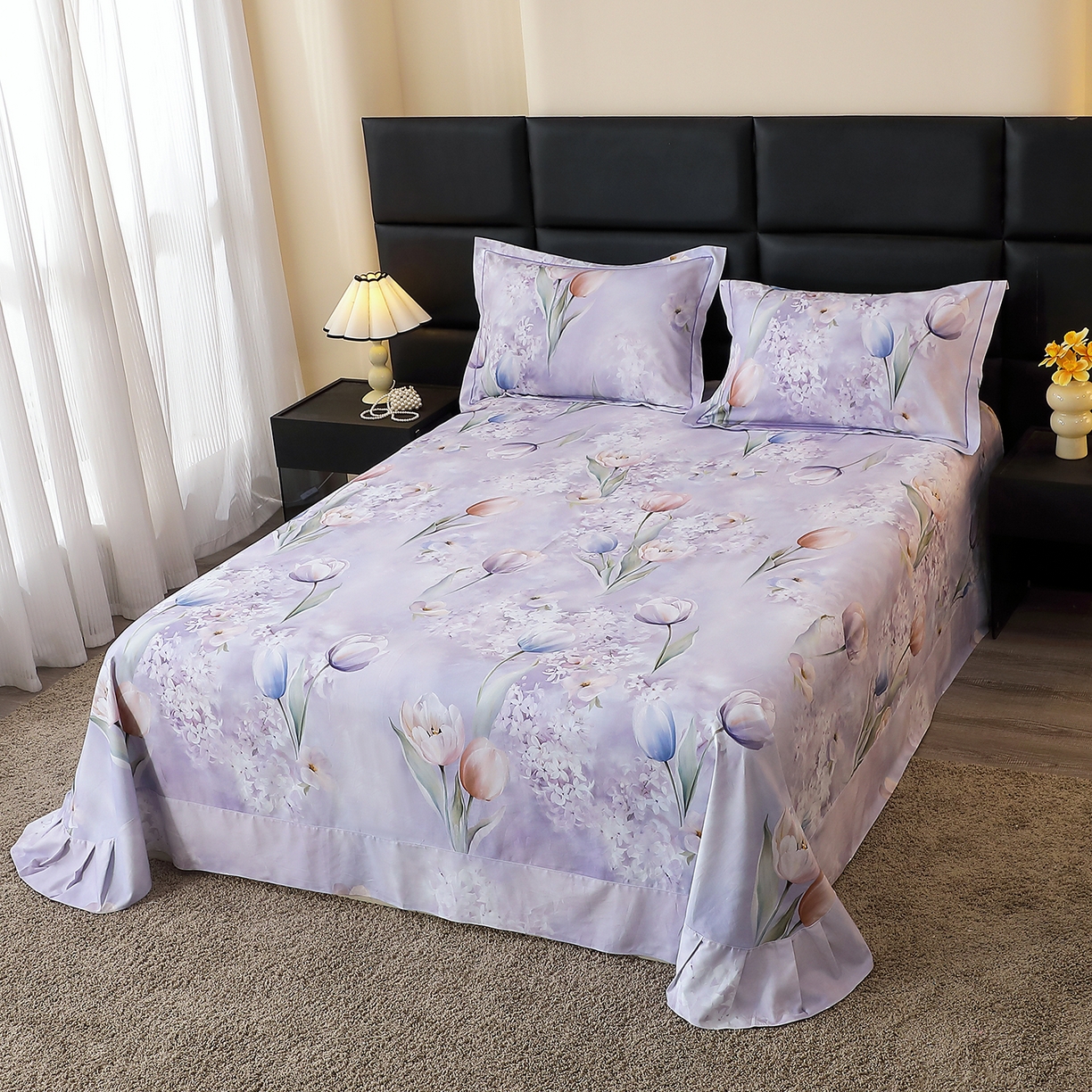 91家纺网 家纺一手货源 找家纺 馨雅家纺 2025新款全棉磨毛数码印花单品床单 郁花町-紫