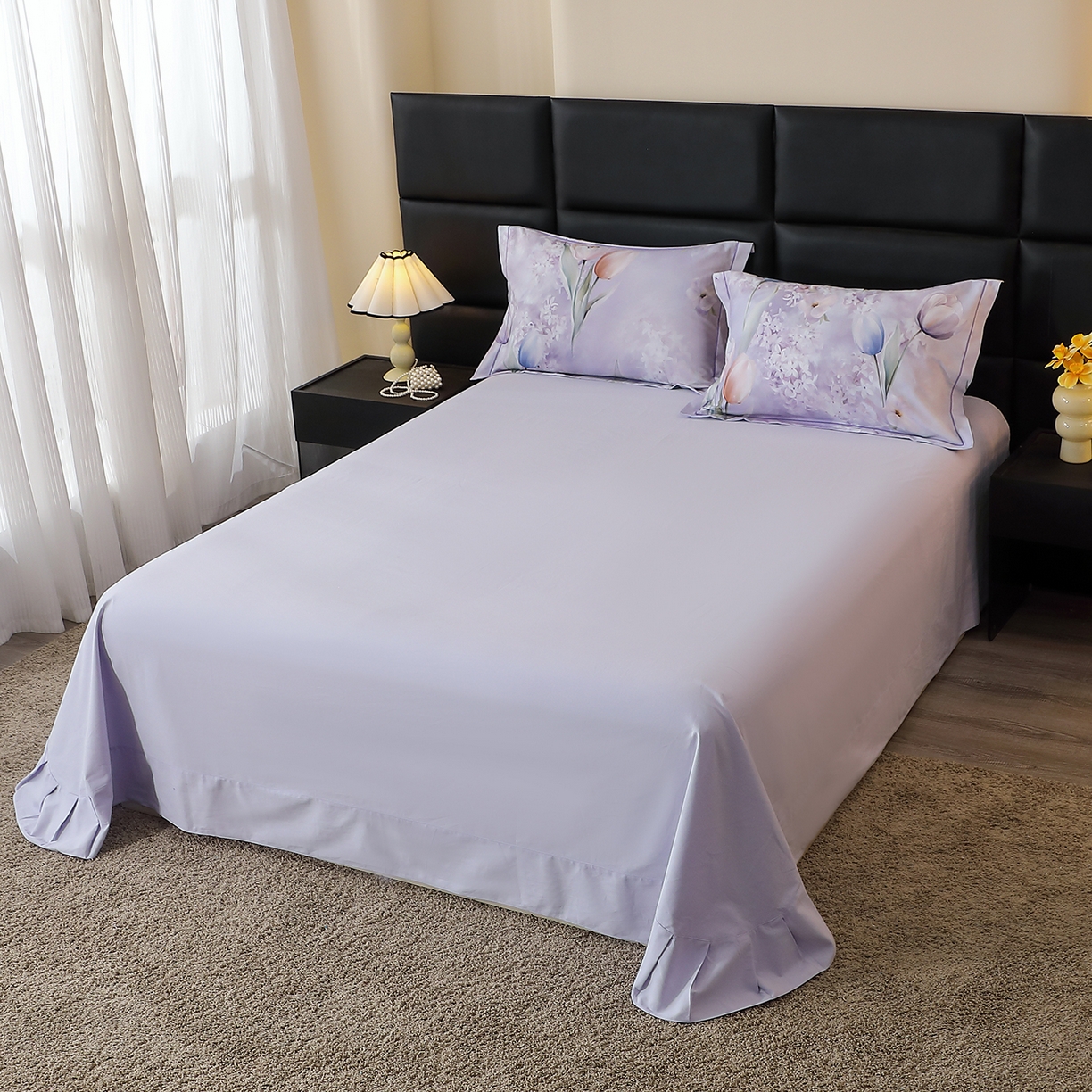 91家纺网 家纺一手货源 找家纺 馨雅家纺 2025新款全棉磨毛数码印花单品床单 郁花町-紫