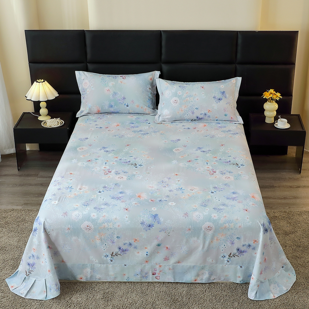 馨雅家纺 2025新款全棉磨毛数码印花单品床单 云茉花间-兰