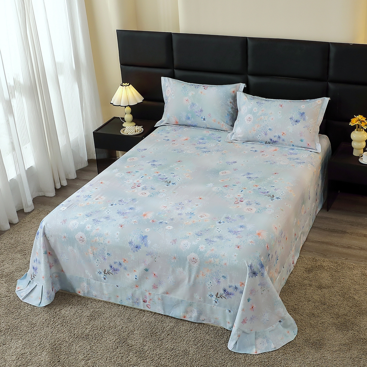 91家纺网 家纺一手货源 找家纺 馨雅家纺 2025新款全棉磨毛数码印花单品床单 云茉花间-兰