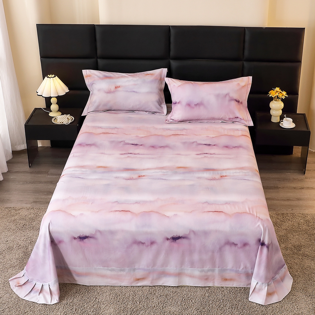 馨雅家纺 2025新款全棉磨毛数码印花单品床单 云霞-粉