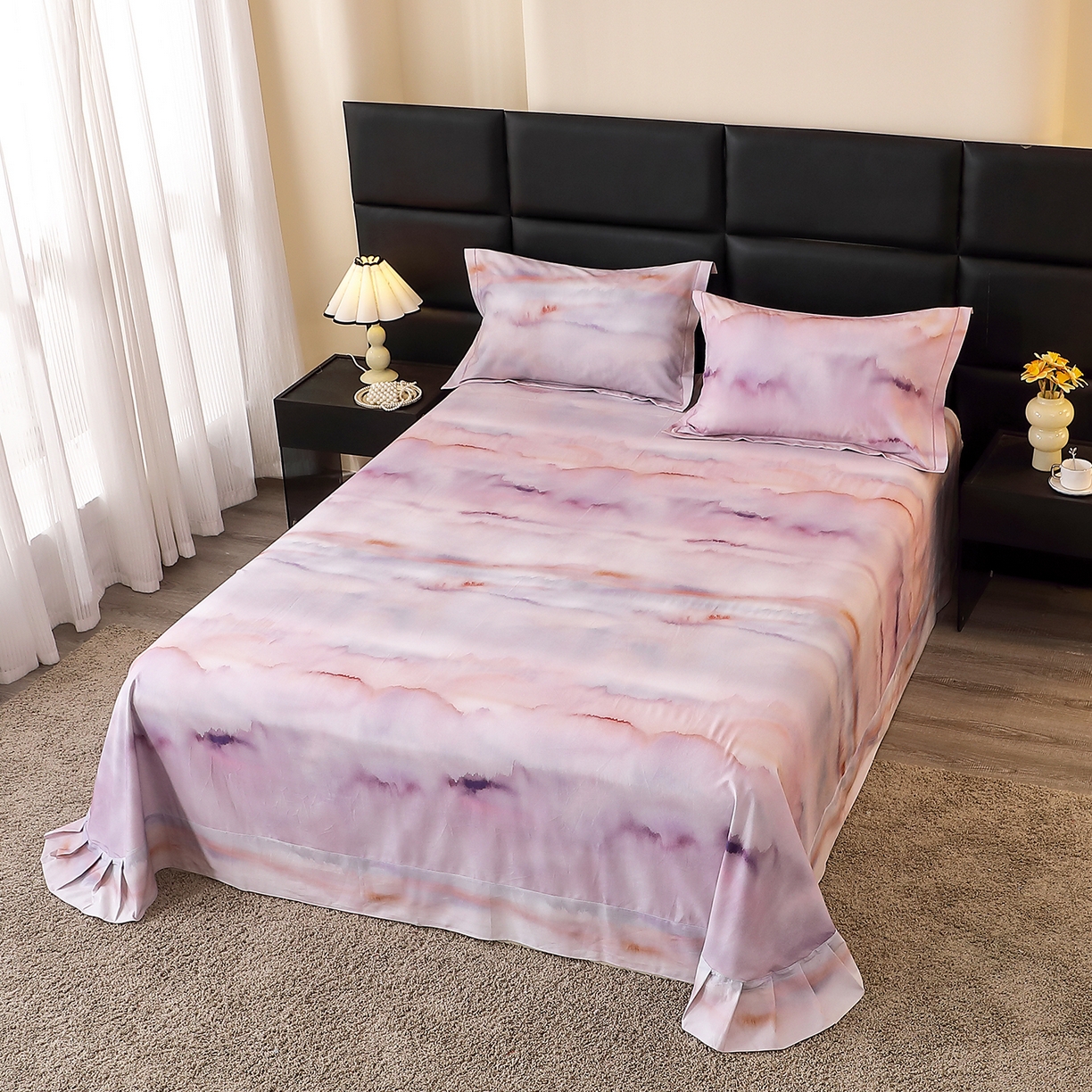 91家纺网 家纺一手货源 找家纺 馨雅家纺 2025新款全棉磨毛数码印花单品床单 云霞-粉