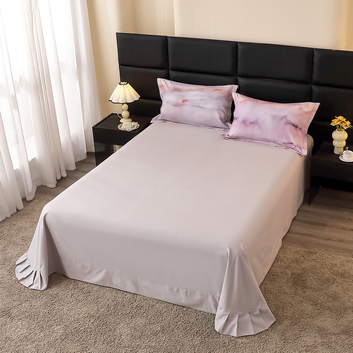 91家纺网 家纺一手货源 找家纺 馨雅家纺 2025新款全棉磨毛数码印花单品床单 云霞-粉