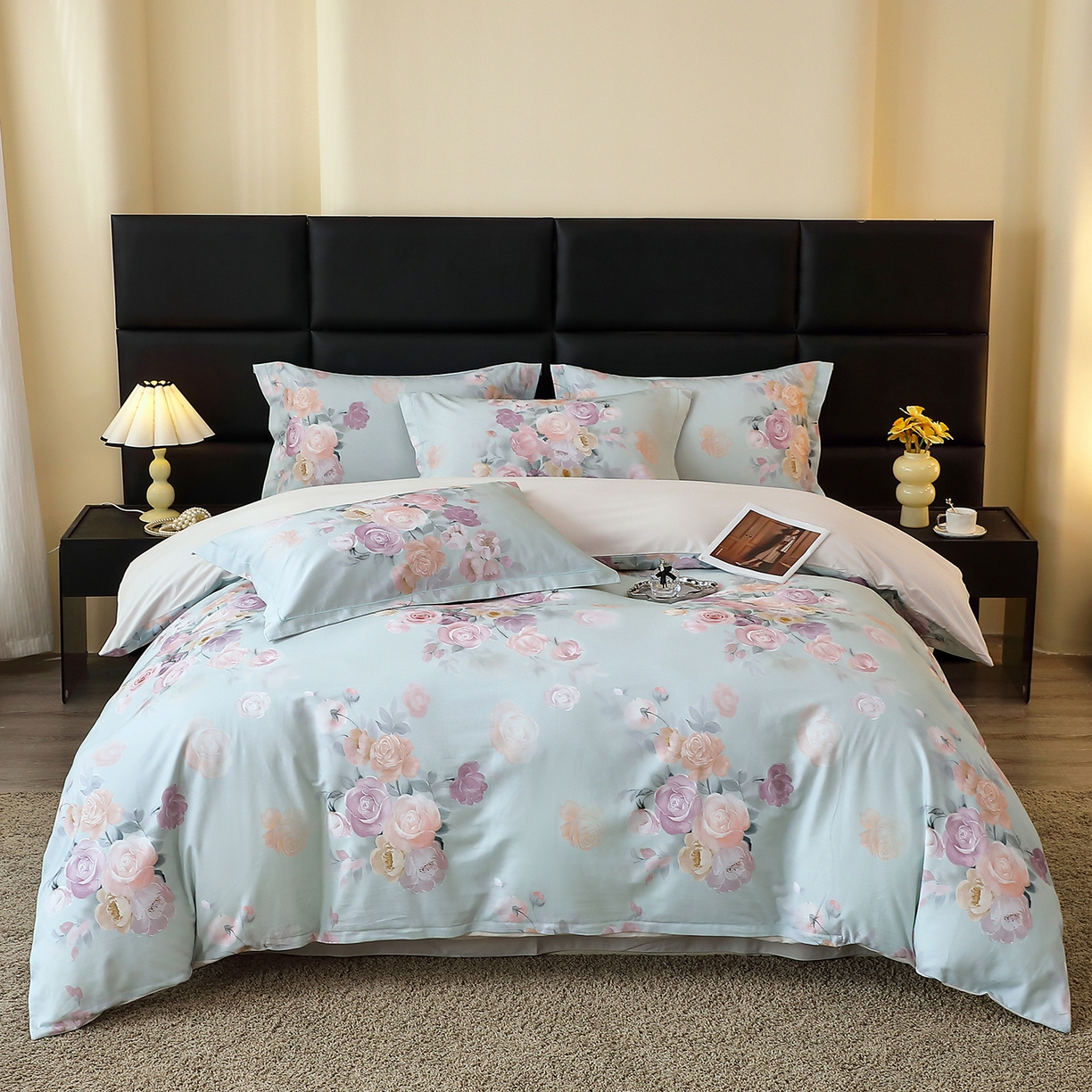 91家纺网 家纺一手货源 找家纺 馨雅家纺 2025新款全棉磨毛数码印花四件套 花落莉亚-绿