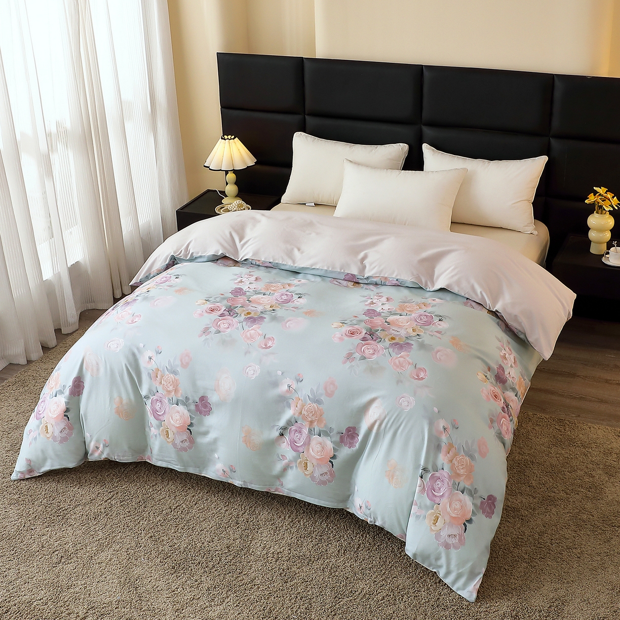 91家纺网 家纺一手货源 找家纺 馨雅家纺 2025新款全棉磨毛数码印花单品被套 花落莉亚-绿