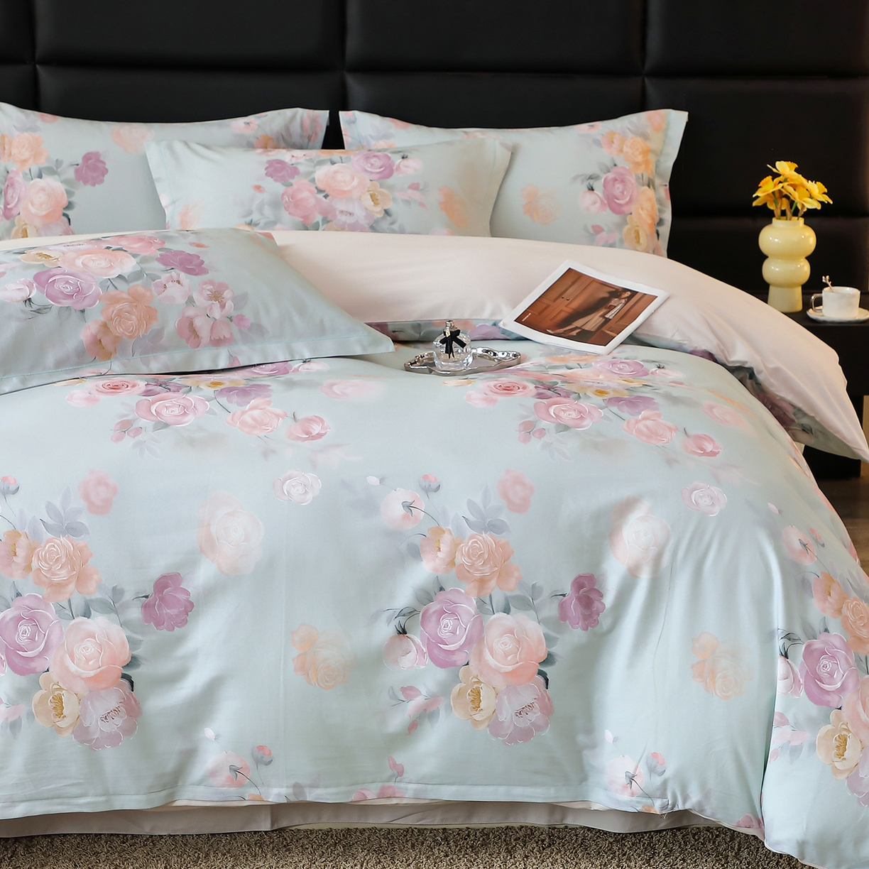 91家纺网 家纺一手货源 找家纺 馨雅家纺 2025新款全棉磨毛数码印花四件套 花落莉亚-绿