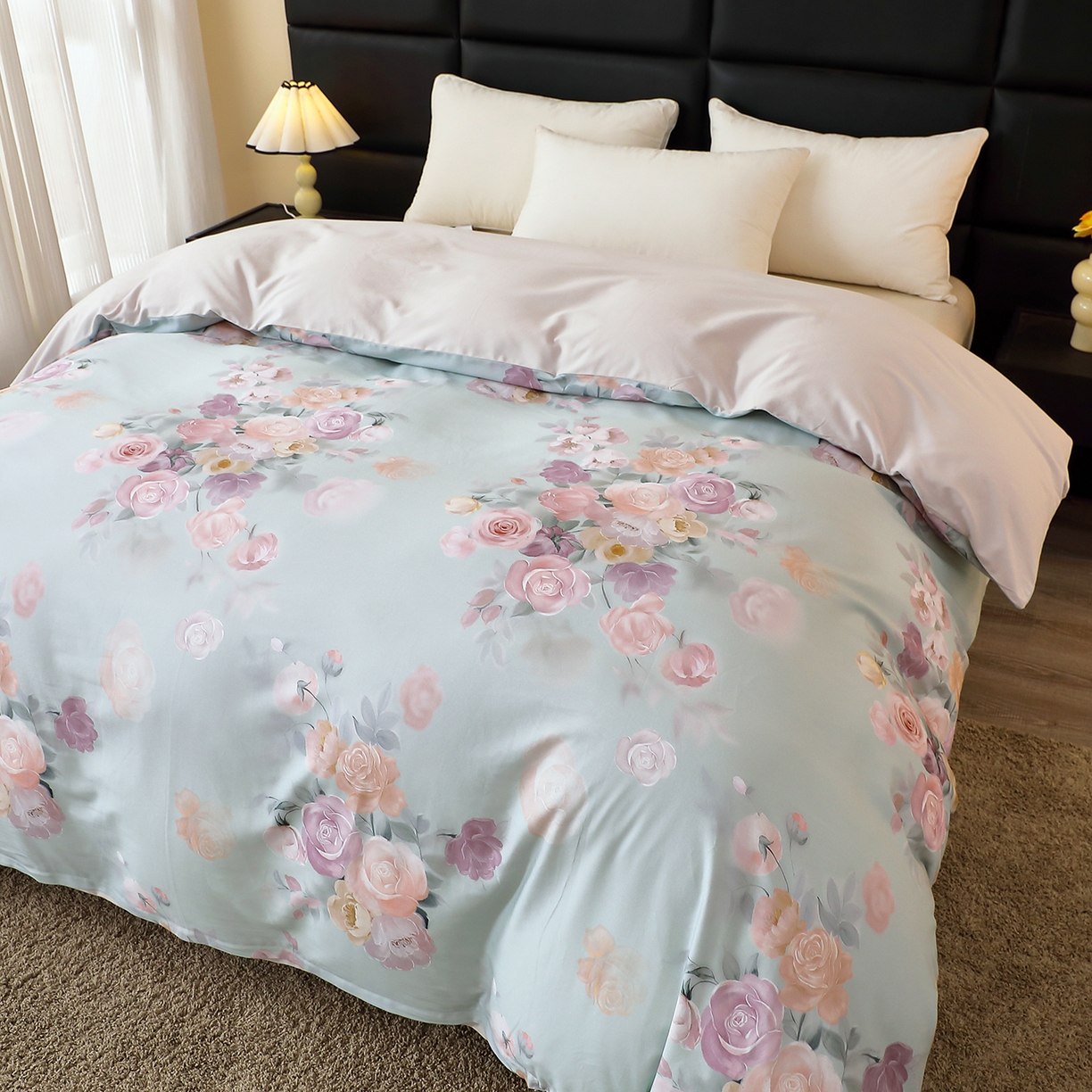 91家纺网 家纺一手货源 找家纺 馨雅家纺 2025新款全棉磨毛数码印花单品被套 花落莉亚-绿