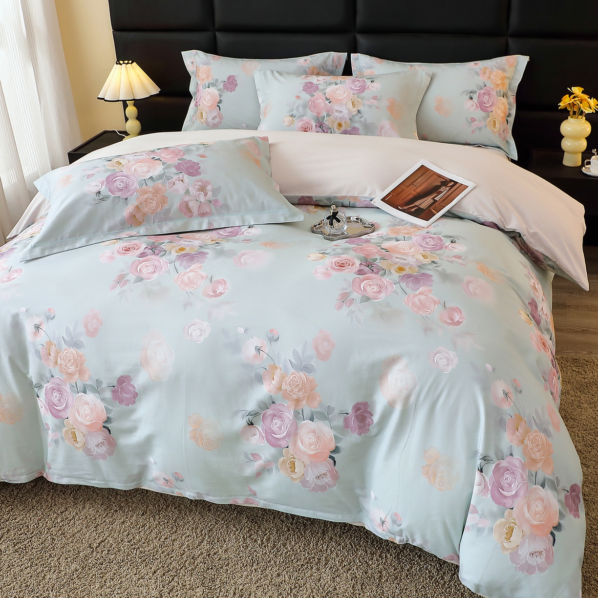 91家纺网 家纺一手货源 找家纺 馨雅家纺 2025新款全棉磨毛数码印花四件套 花落莉亚-绿