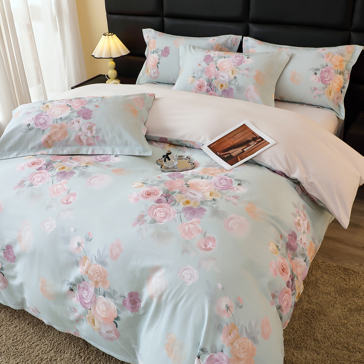 91家纺网 家纺一手货源 找家纺 馨雅家纺 2025新款全棉磨毛数码印花四件套 花落莉亚-绿