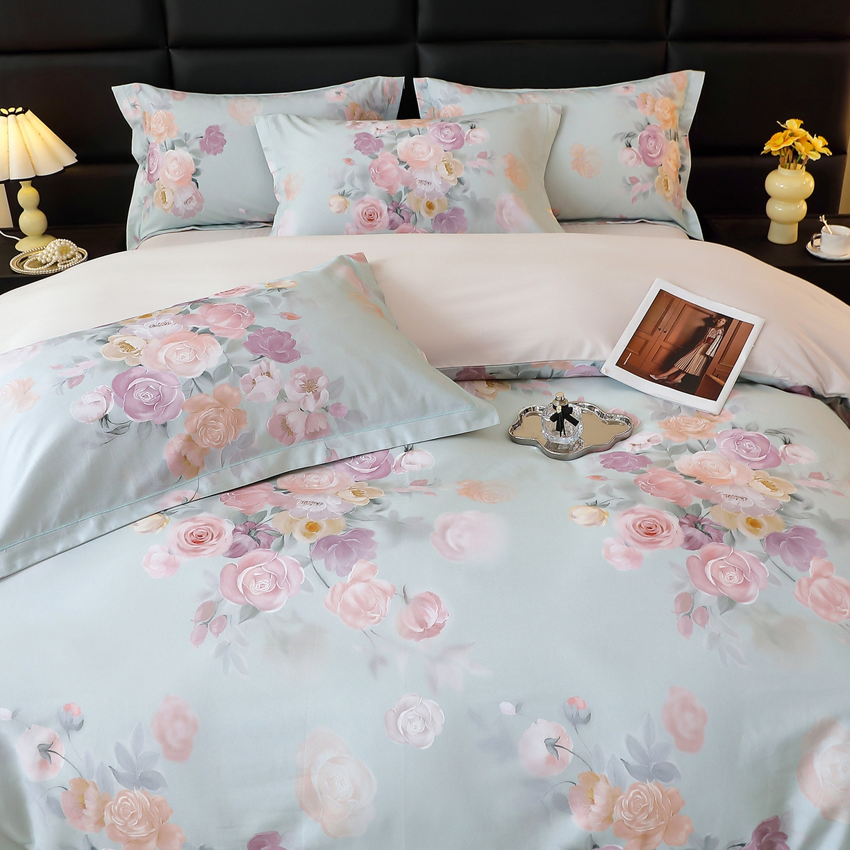 91家纺网 家纺一手货源 找家纺 馨雅家纺 2025新款全棉磨毛数码印花四件套 花落莉亚-绿