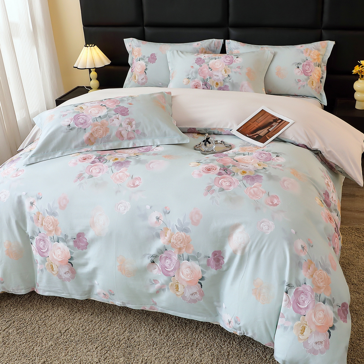 91家纺网 家纺一手货源 找家纺 馨雅家纺 2025新款全棉磨毛数码印花四件套 花落莉亚-绿