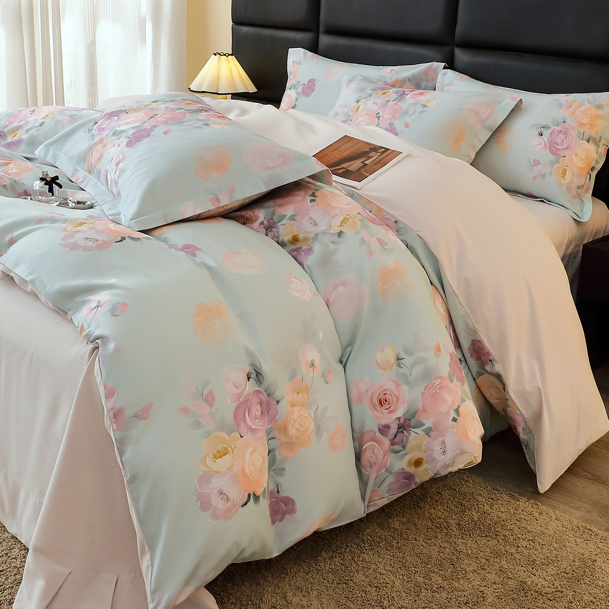 91家纺网 家纺一手货源 找家纺 馨雅家纺 2025新款全棉磨毛数码印花四件套 花落莉亚-绿