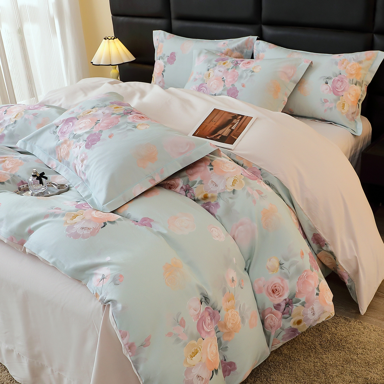 91家纺网 家纺一手货源 找家纺 馨雅家纺 2025新款全棉磨毛数码印花四件套 花落莉亚-绿