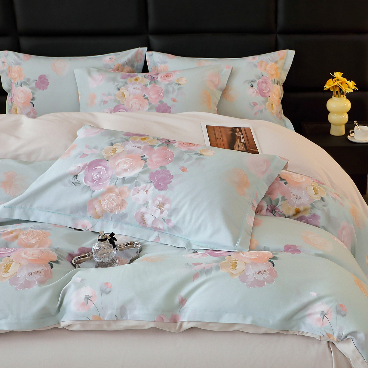 91家纺网 家纺一手货源 找家纺 馨雅家纺 2025新款全棉磨毛数码印花四件套 花落莉亚-绿