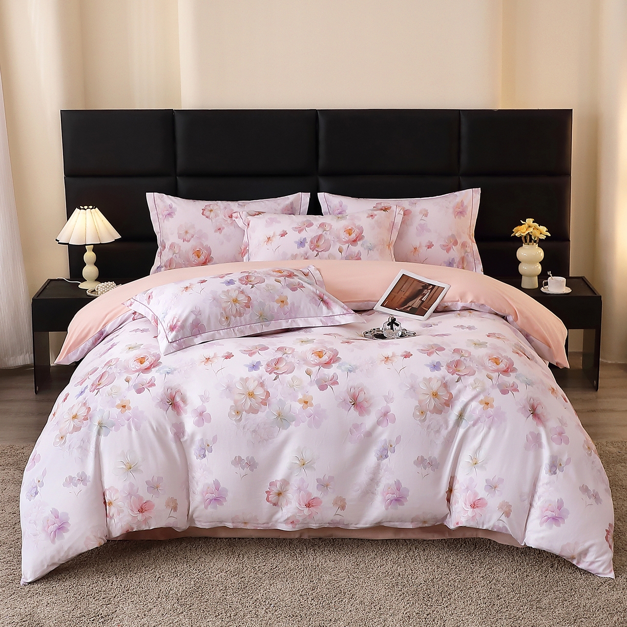 91家纺网 家纺一手货源 找家纺 馨雅家纺 2025新款全棉磨毛数码印花四件套 花觅-粉