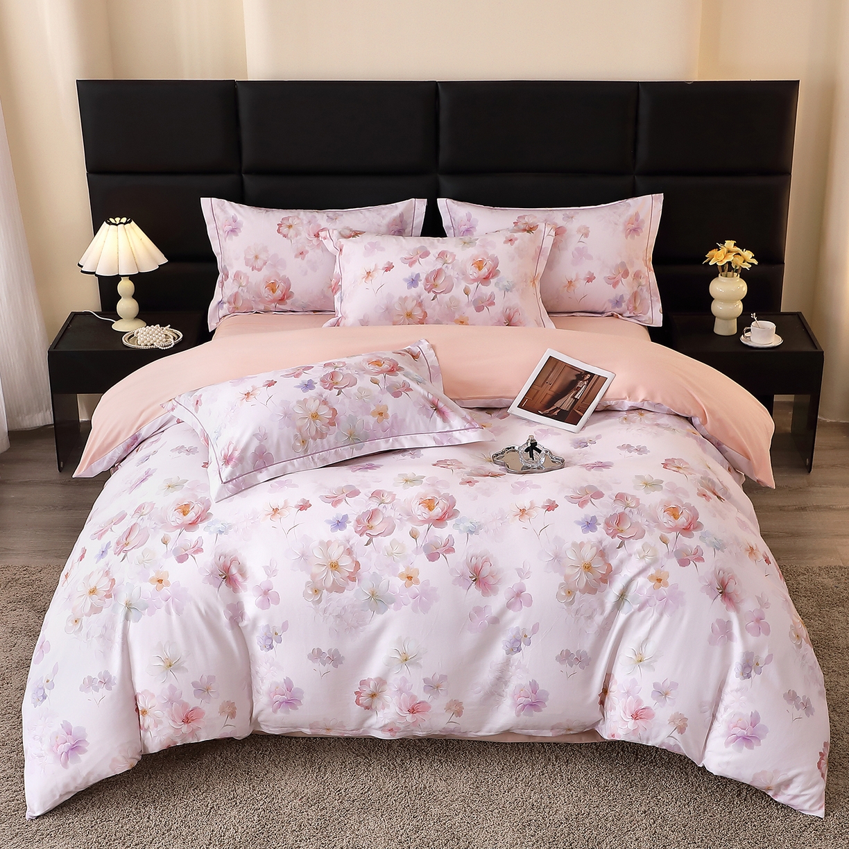 91家纺网 家纺一手货源 找家纺 馨雅家纺 2025新款全棉磨毛数码印花四件套 花觅-粉