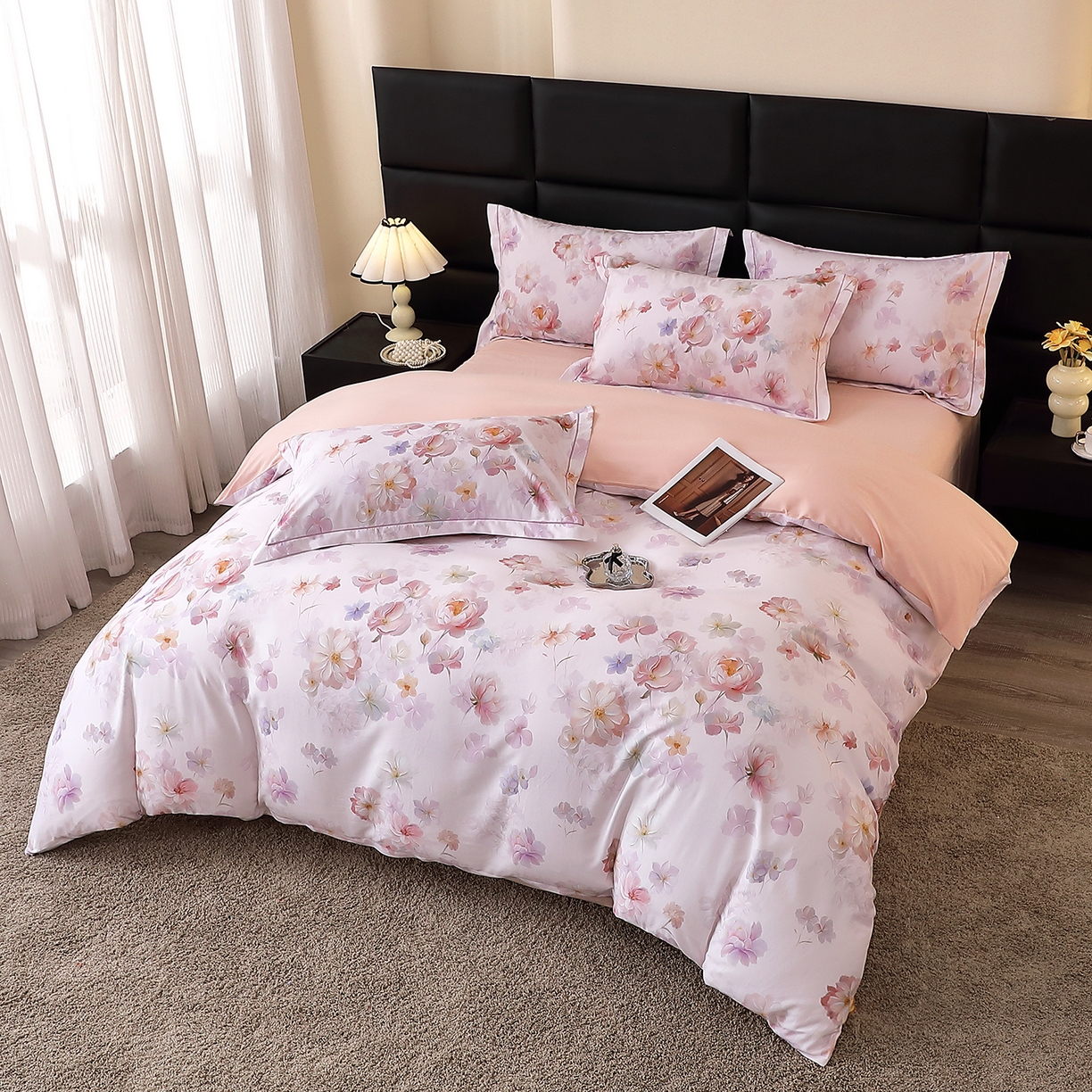 91家纺网 家纺一手货源 找家纺 馨雅家纺 2025新款全棉磨毛数码印花四件套 花觅-粉