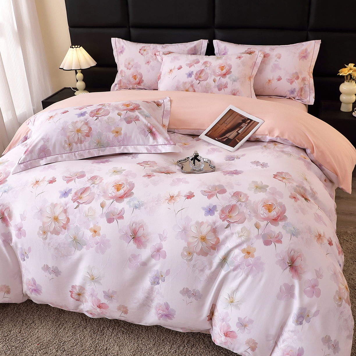 91家纺网 家纺一手货源 找家纺 馨雅家纺 2025新款全棉磨毛数码印花四件套 花觅-粉