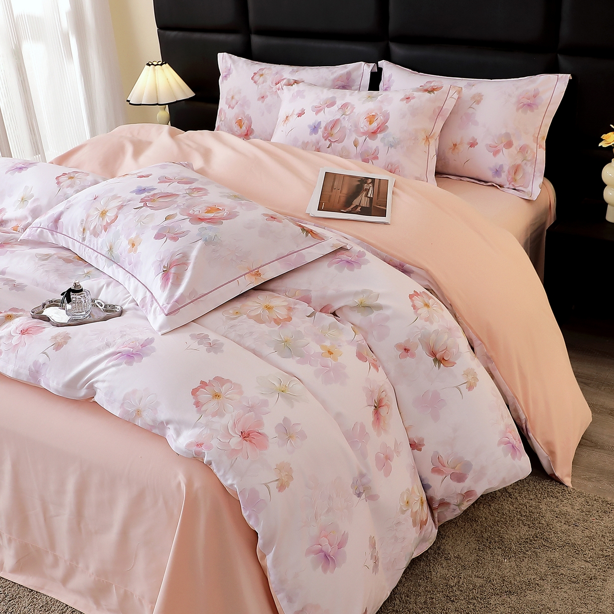 91家纺网 家纺一手货源 找家纺 馨雅家纺 2025新款全棉磨毛数码印花四件套 花觅-粉