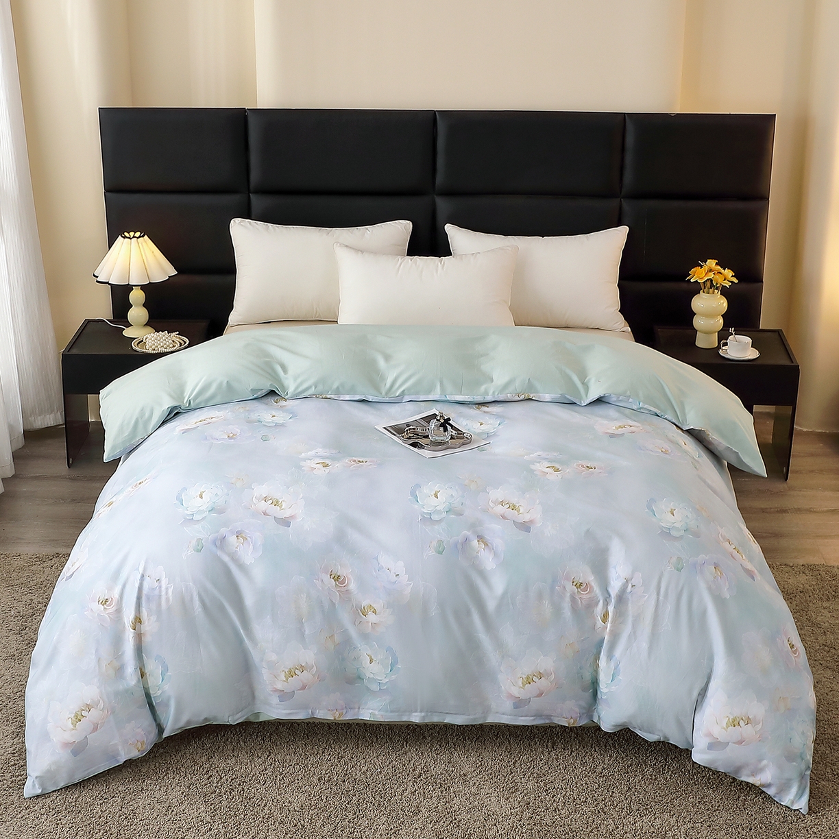 91家纺网 家纺一手货源 找家纺 馨雅家纺 2025新款全棉磨毛数码印花单品被套 花香满泾-绿