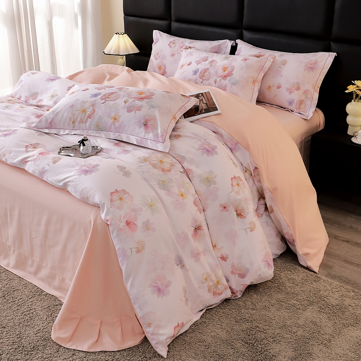 91家纺网 家纺一手货源 找家纺 馨雅家纺 2025新款全棉磨毛数码印花四件套 花觅-粉