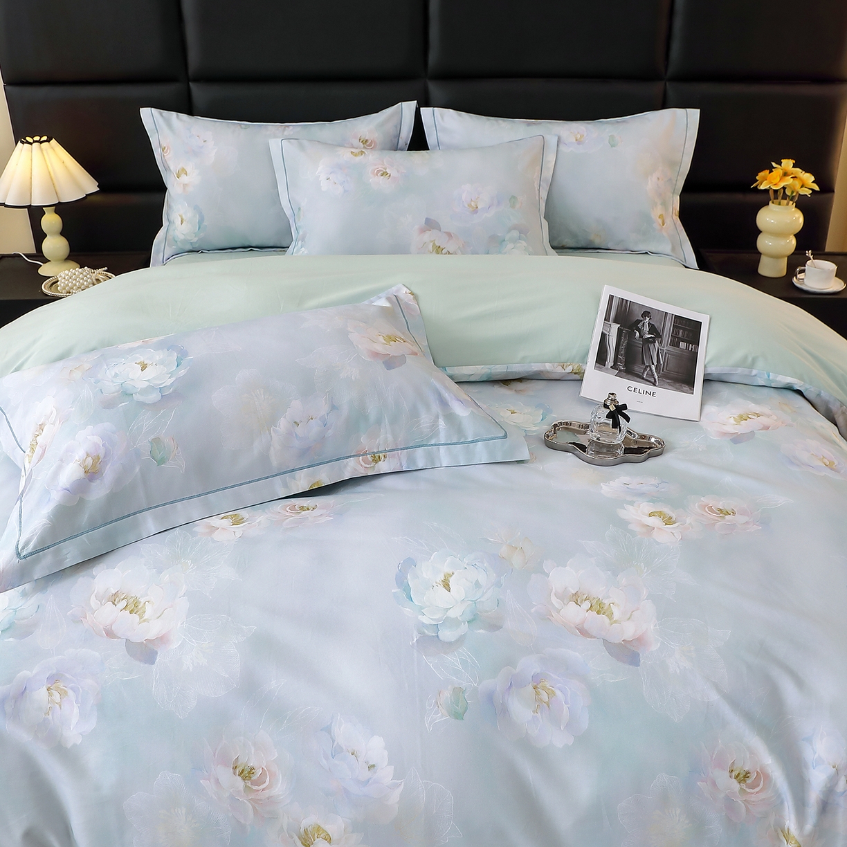 91家纺网 家纺一手货源 找家纺 馨雅家纺 2025新款全棉磨毛数码印花四件套 花香满泾-绿