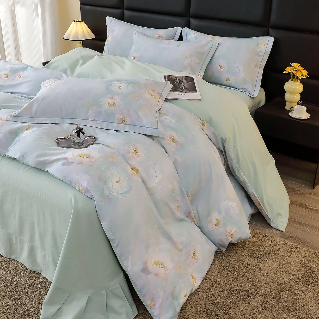 91家纺网 家纺一手货源 找家纺 馨雅家纺 2025新款全棉磨毛数码印花四件套 花香满泾-绿