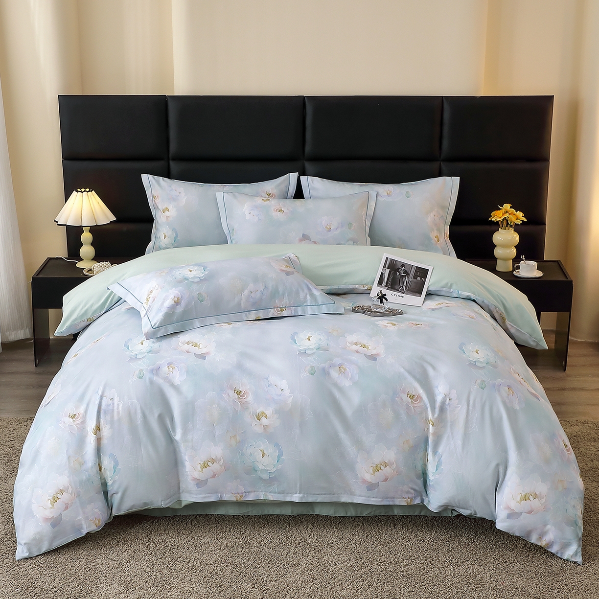 91家纺网 家纺一手货源 找家纺 馨雅家纺 2025新款全棉磨毛数码印花四件套 花香满泾-绿