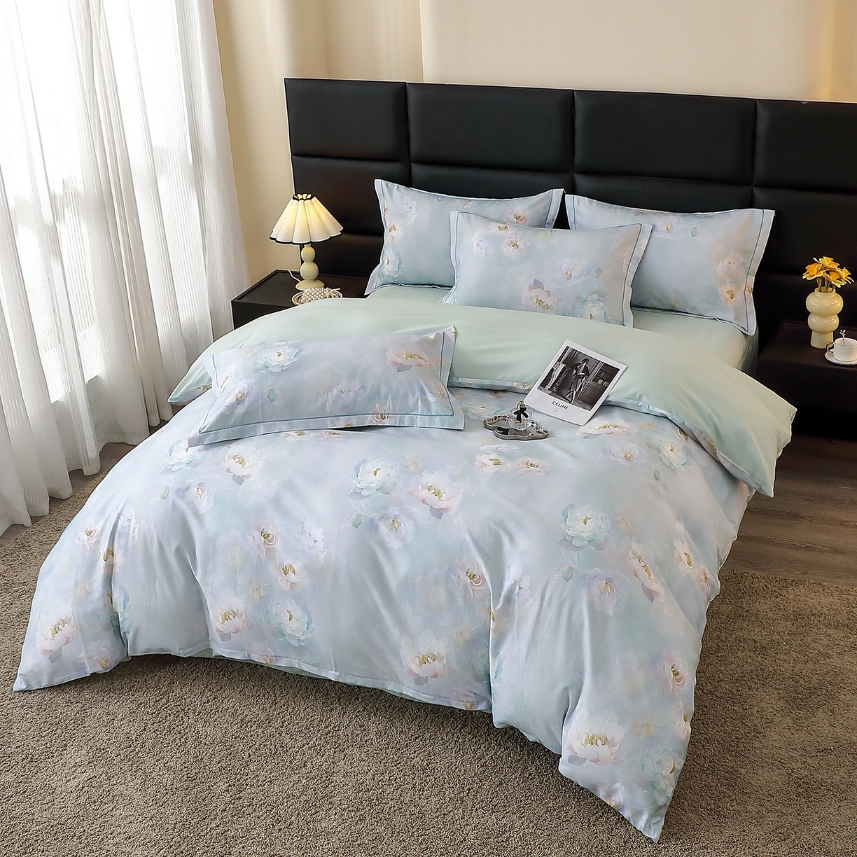 91家纺网 家纺一手货源 找家纺 馨雅家纺 2025新款全棉磨毛数码印花四件套 花香满泾-绿