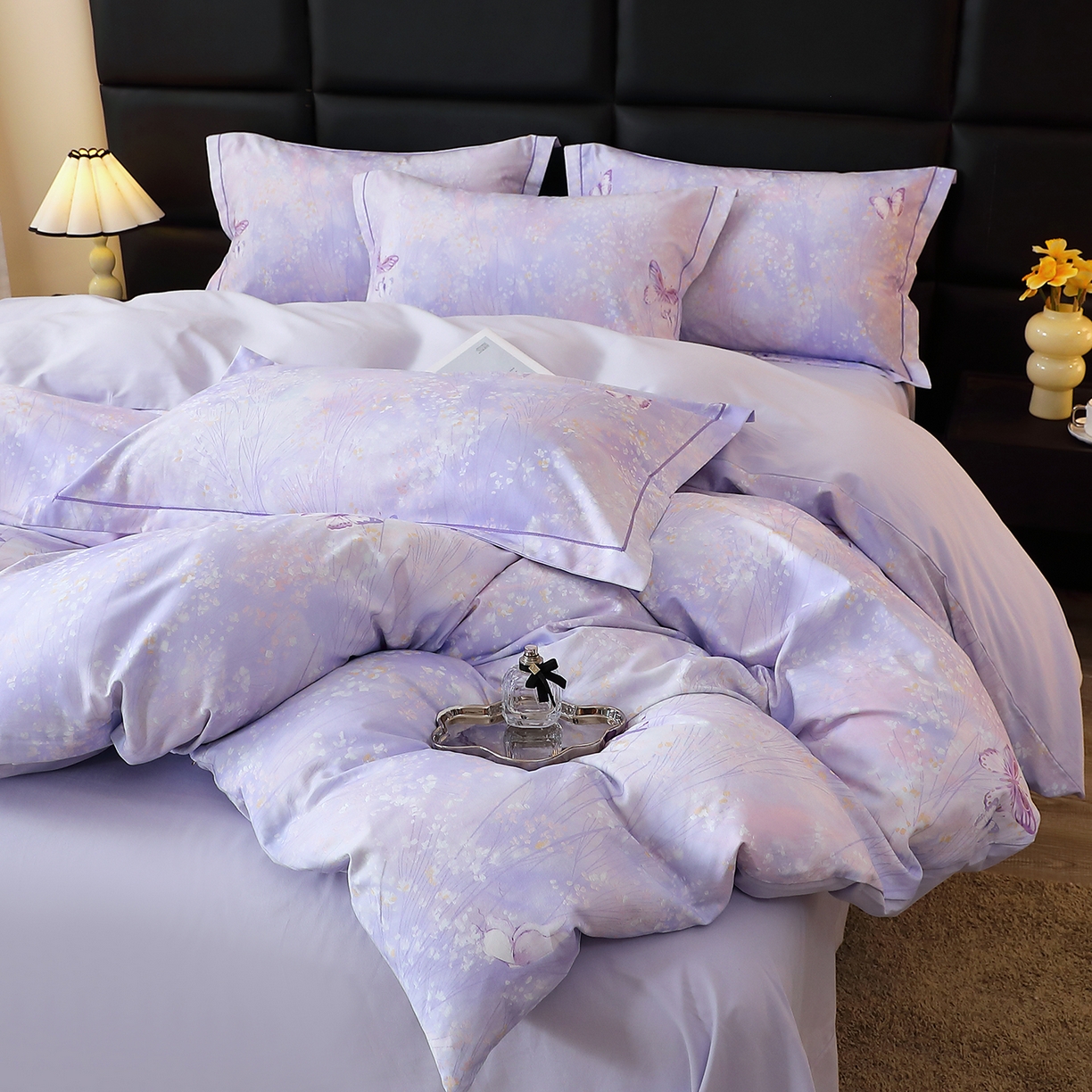 馨雅家纺 2025新款全棉磨毛数码印花四件套 迷蝶香-紫