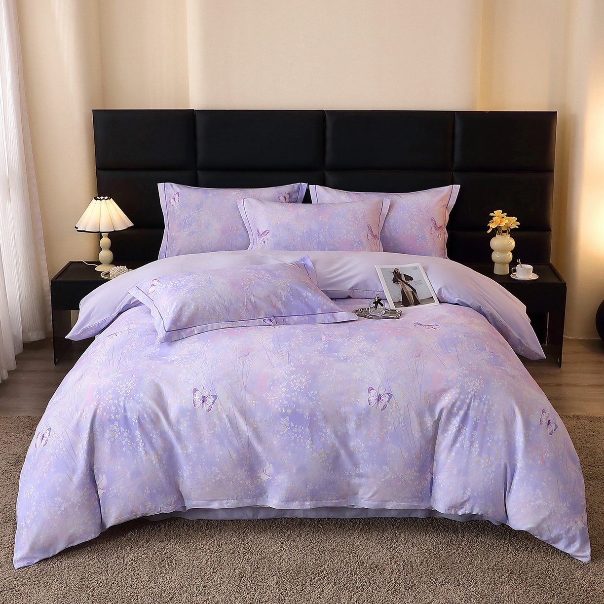 91家纺网 家纺一手货源 找家纺 馨雅家纺 2025新款全棉磨毛数码印花四件套 迷蝶香-紫