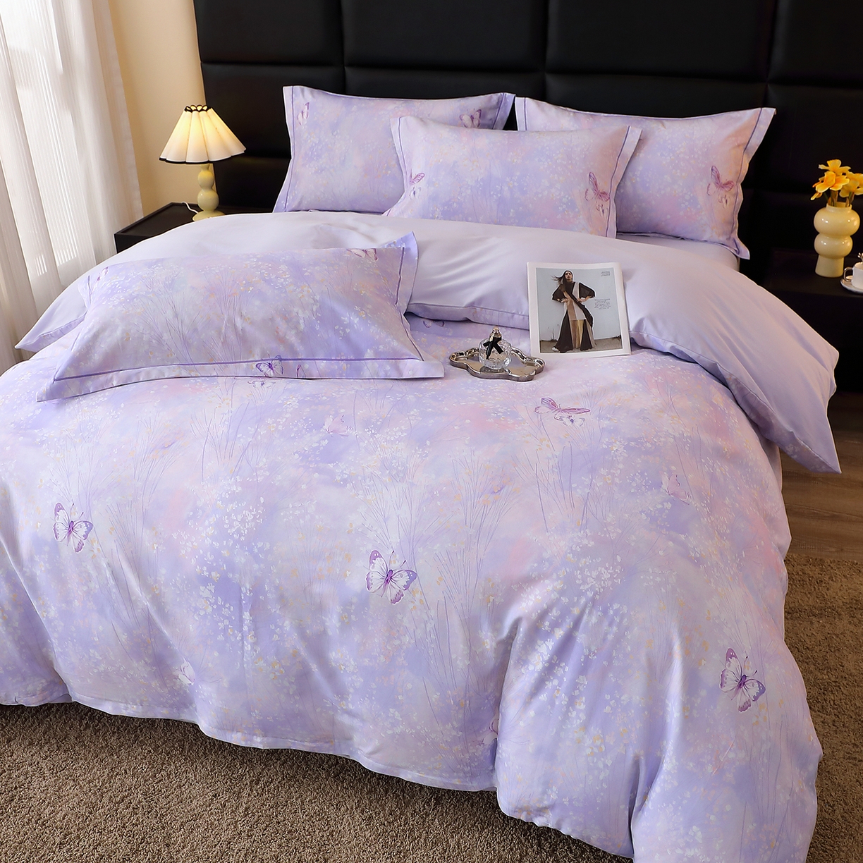 91家纺网 家纺一手货源 找家纺 馨雅家纺 2025新款全棉磨毛数码印花四件套 迷蝶香-紫