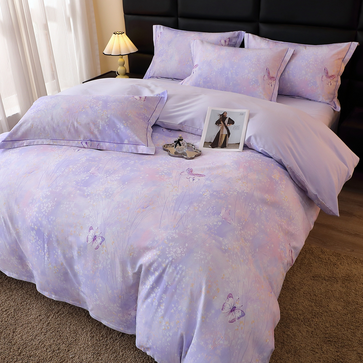 91家纺网 家纺一手货源 找家纺 馨雅家纺 2025新款全棉磨毛数码印花四件套 迷蝶香-紫