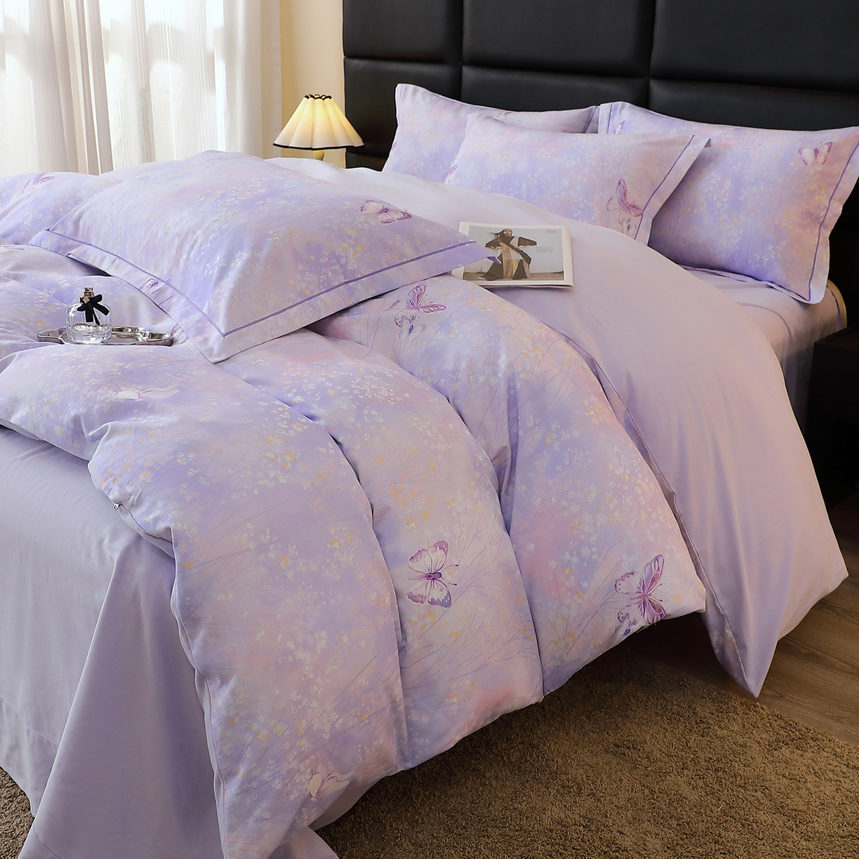 91家纺网 家纺一手货源 找家纺 馨雅家纺 2025新款全棉磨毛数码印花四件套 迷蝶香-紫