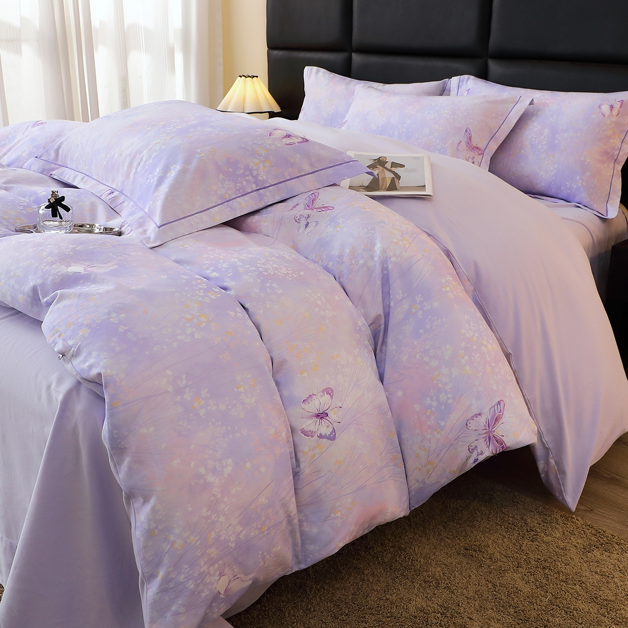 91家纺网 家纺一手货源 找家纺 馨雅家纺 2025新款全棉磨毛数码印花四件套 迷蝶香-紫