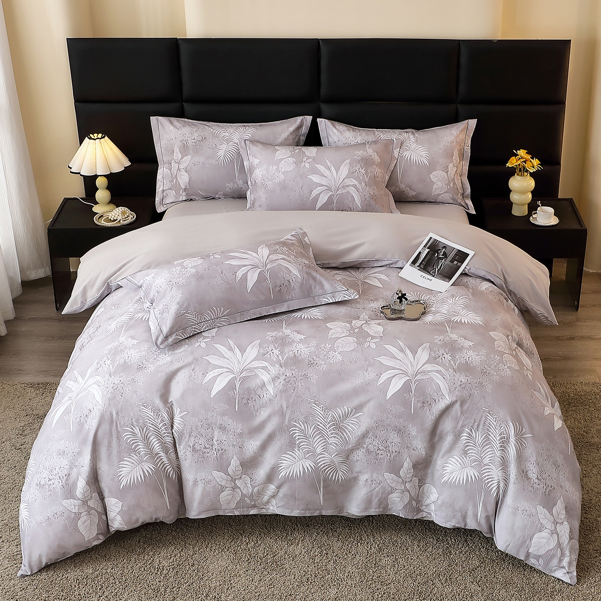 91家纺网 家纺一手货源 找家纺 馨雅家纺 2025新款全棉磨毛数码印花四件套 晴岛晚风-灰