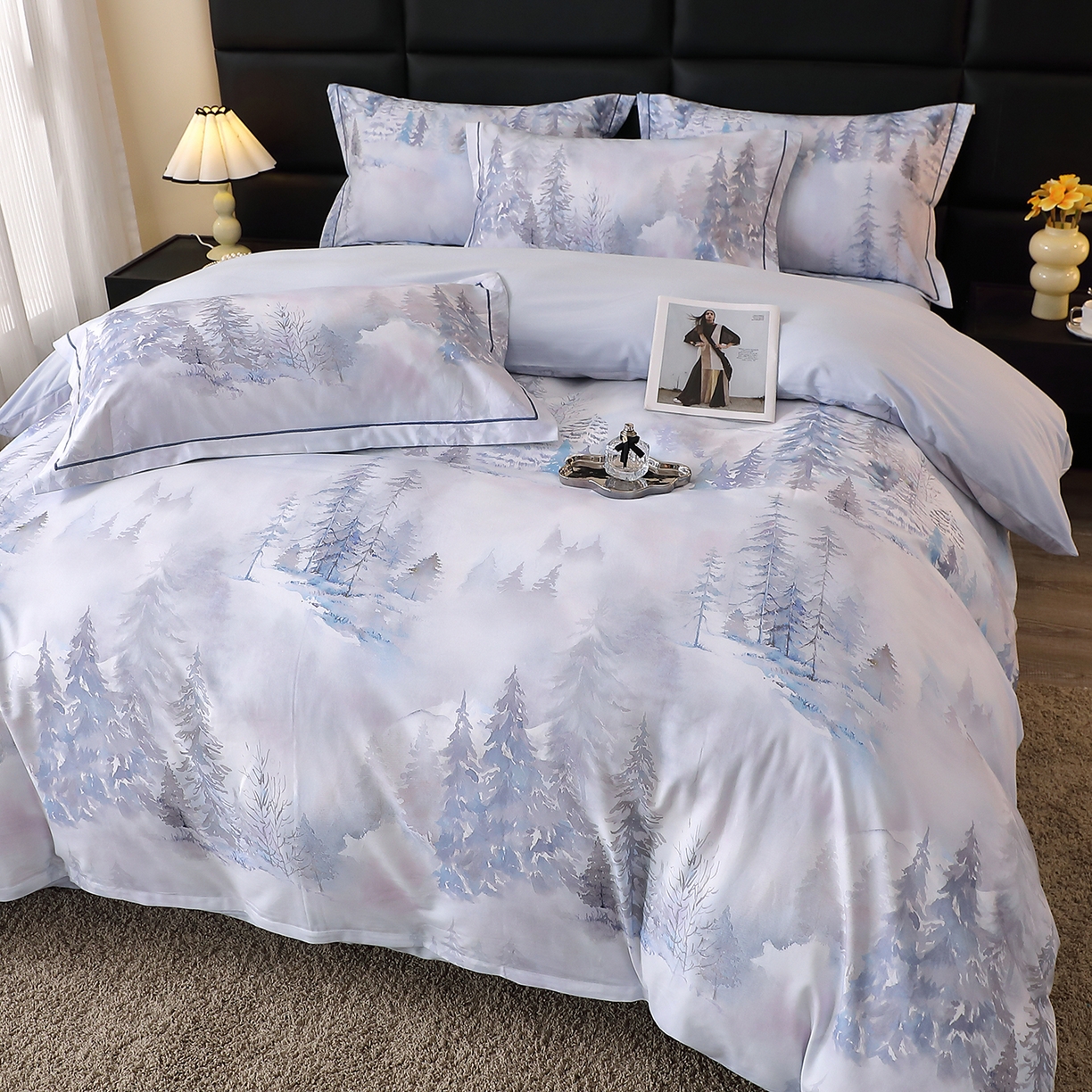 91家纺网 家纺一手货源 找家纺 馨雅家纺 2025新款全棉磨毛数码印花四件套 秋居-灰