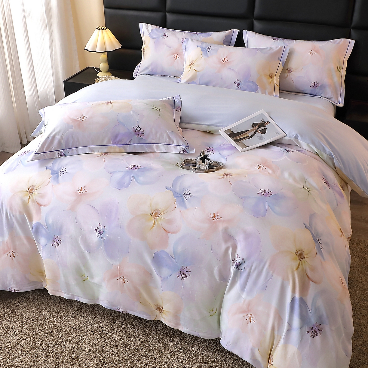 91家纺网 家纺一手货源 找家纺 馨雅家纺 2025新款全棉磨毛数码印花四件套 若欢-紫